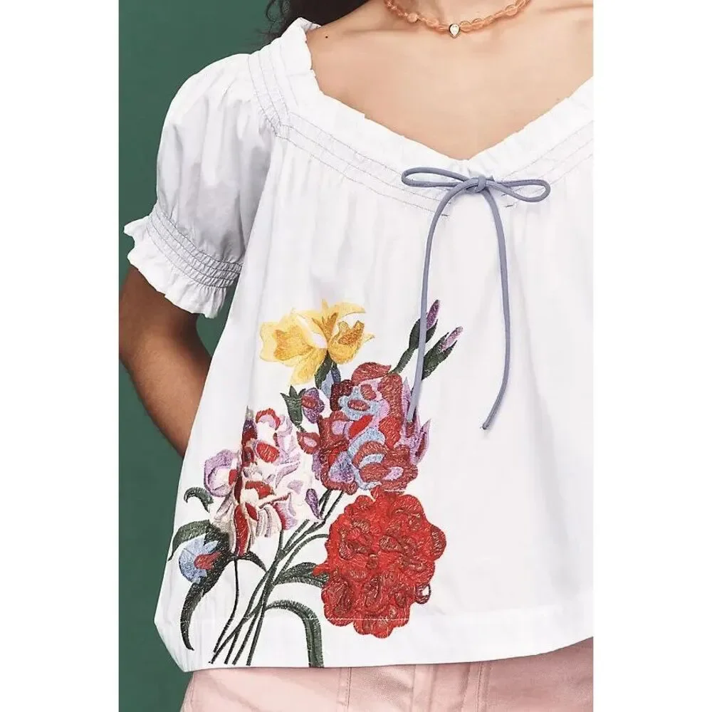 Anthropologie Puff-Sleeve Tie-Front Embroidered Blouse